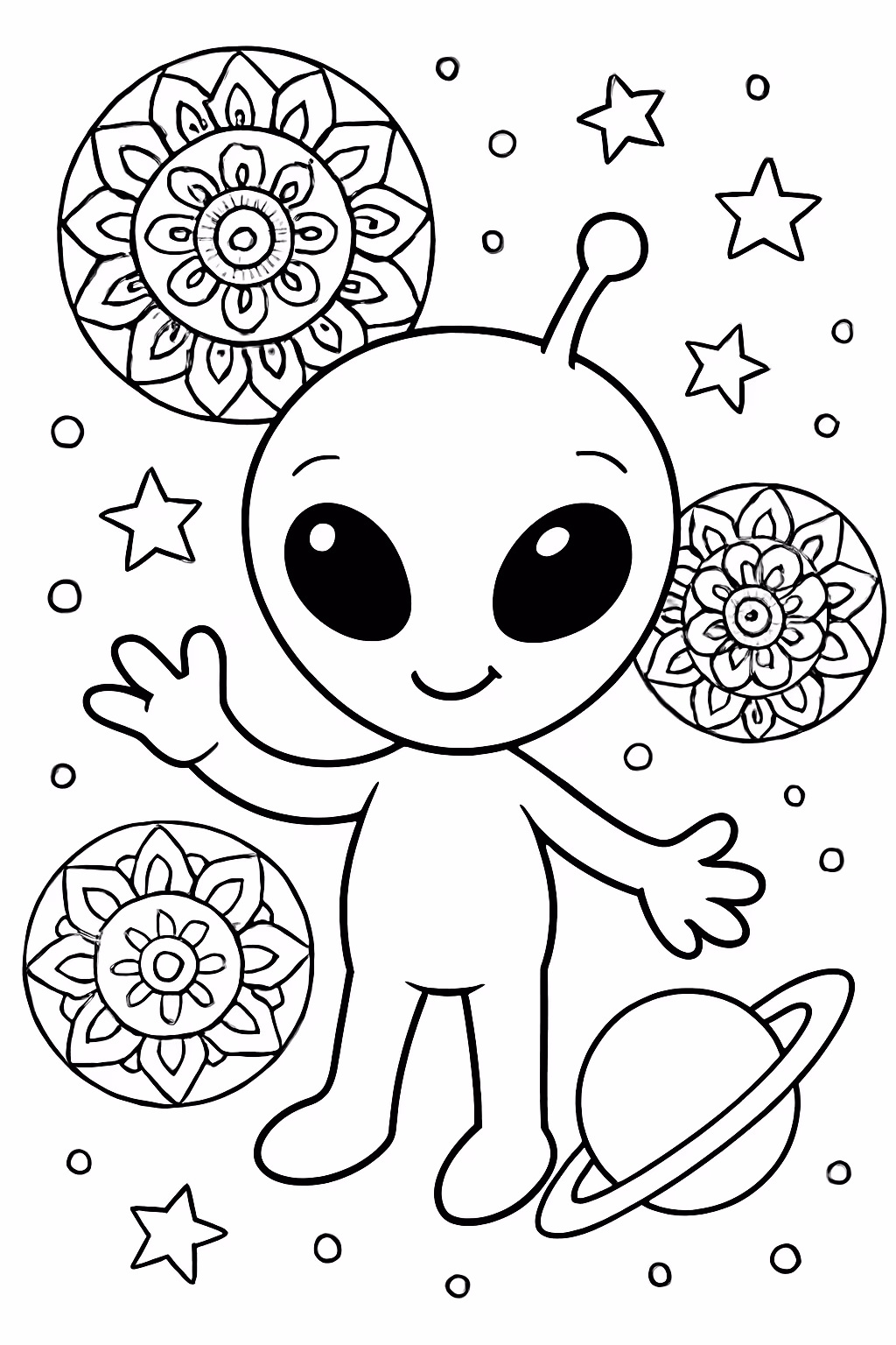 Alienigena no espaco com mandalas para colorir — desenho para imprimir
