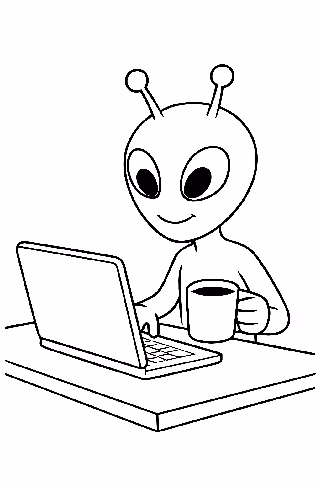 Alienigena trabalhando no computador e com uma xicara de cafe para colorir — desenho para imprimir