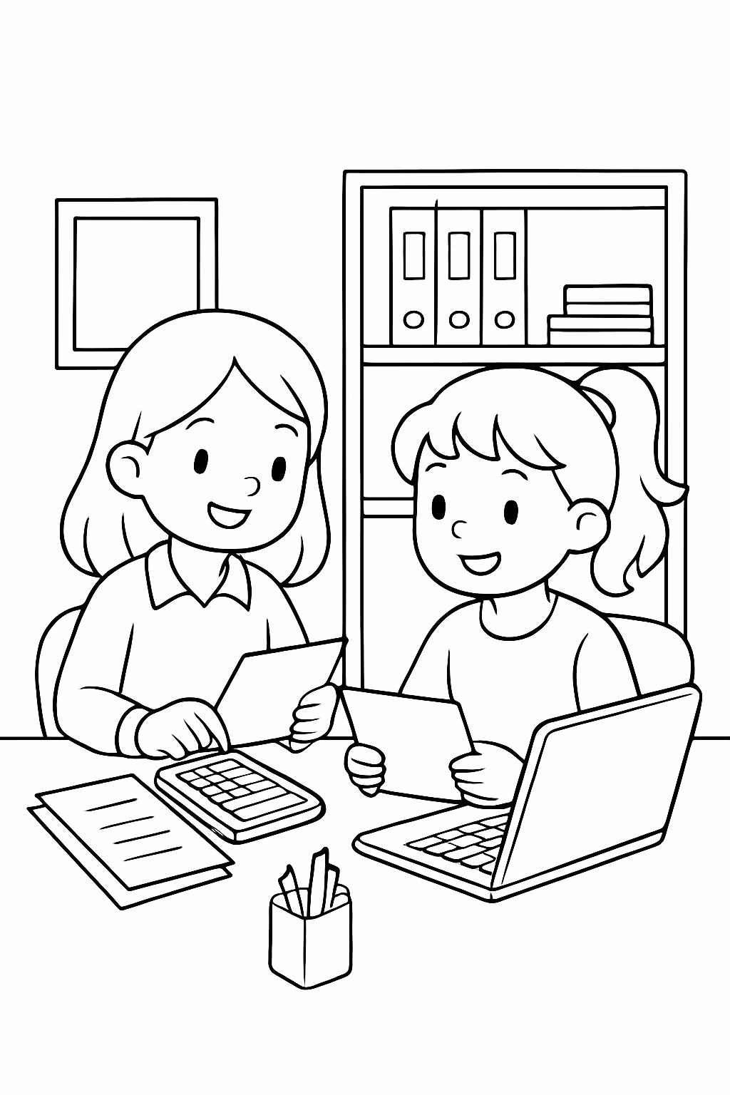 Amigas trabalhando no setor administrativo para colorir — desenho para imprimir