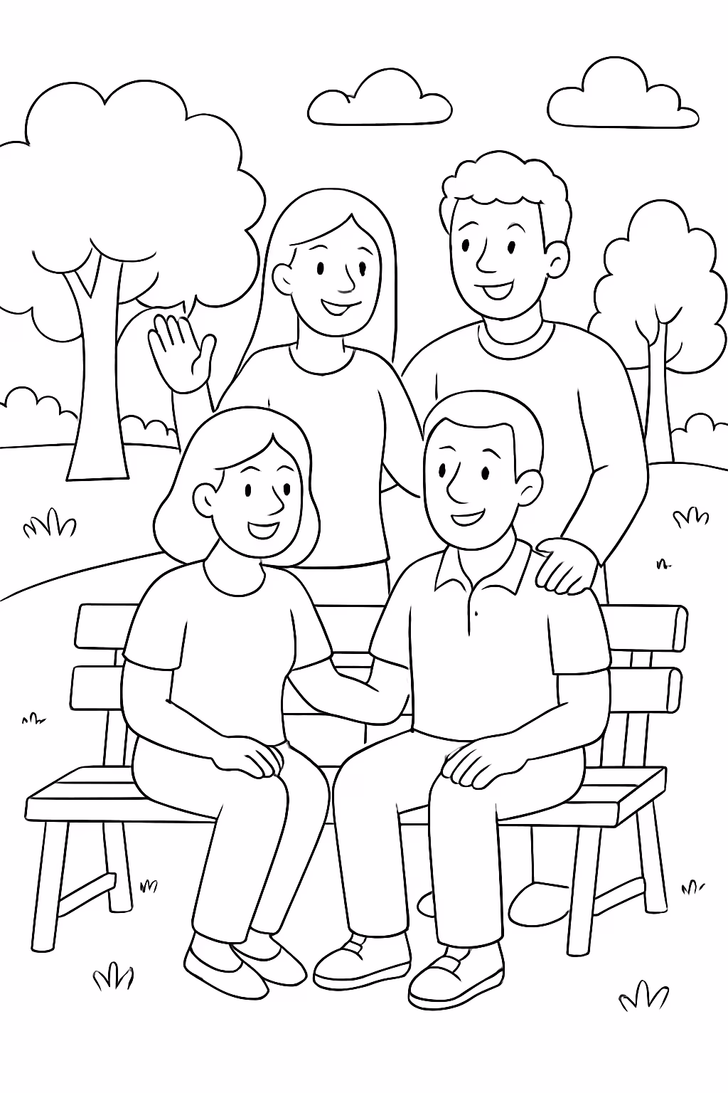 Amigos adultos em um parque para colorir — desenho para imprimir