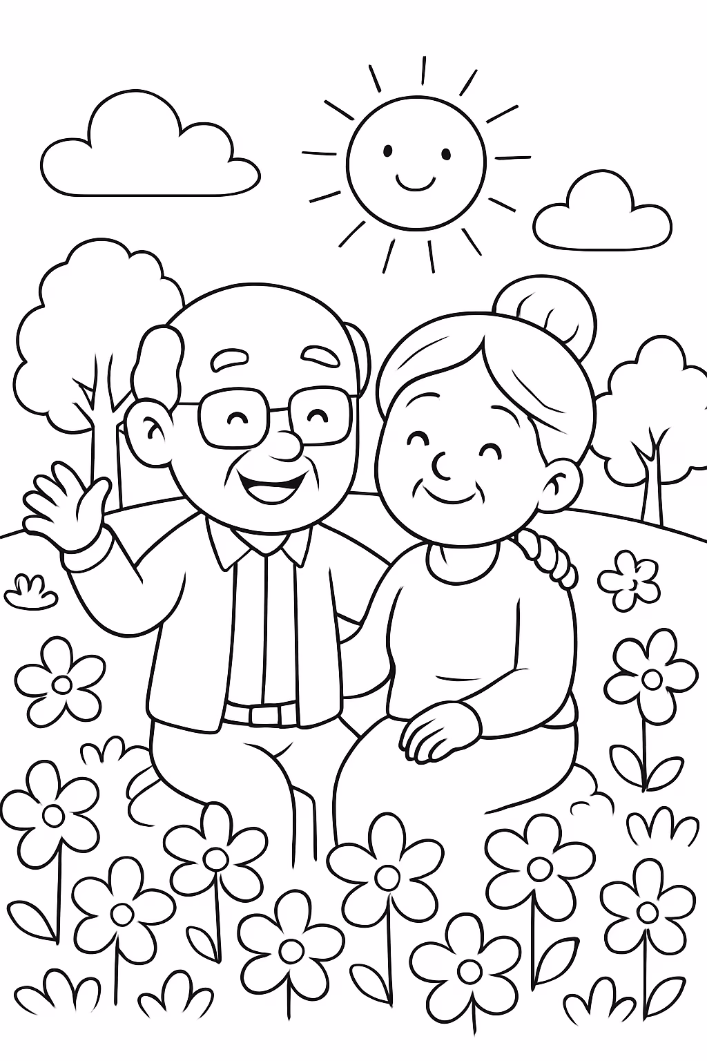 Amigos adultos em um parque com sol e muitas flores para colorir — desenho para imprimir