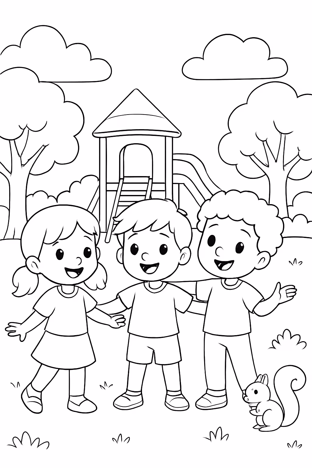 Amigos em um parque para colorir — desenho para imprimir