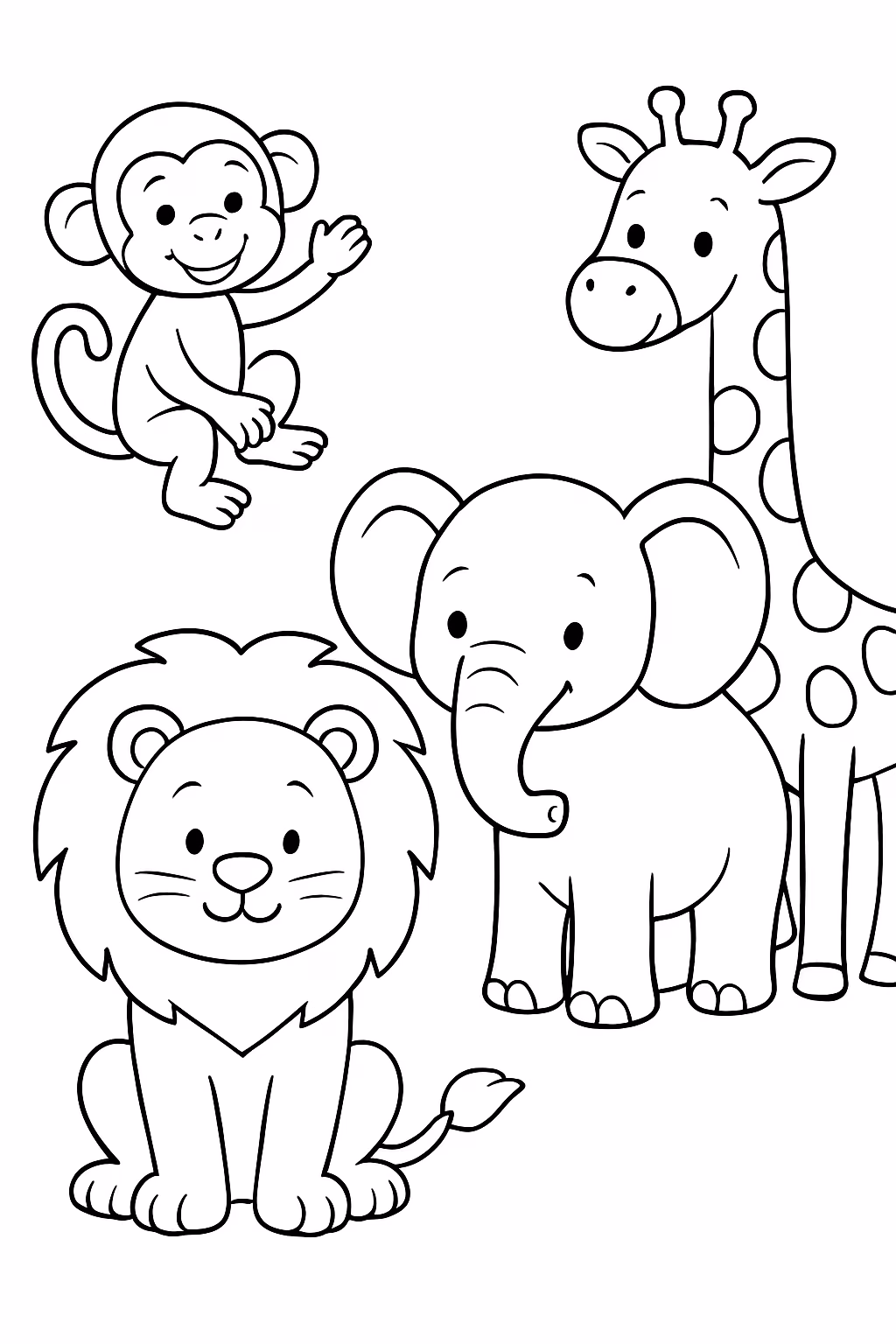 Animais da floresta como macaco leao elefante e girafa para colorir — desenho para imprimir
