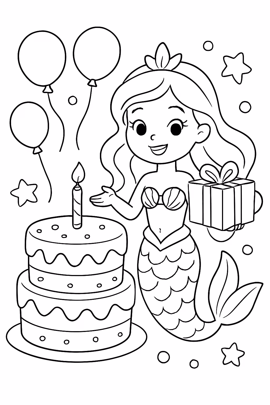 Aniversario da sereia para colorir — desenho para imprimir