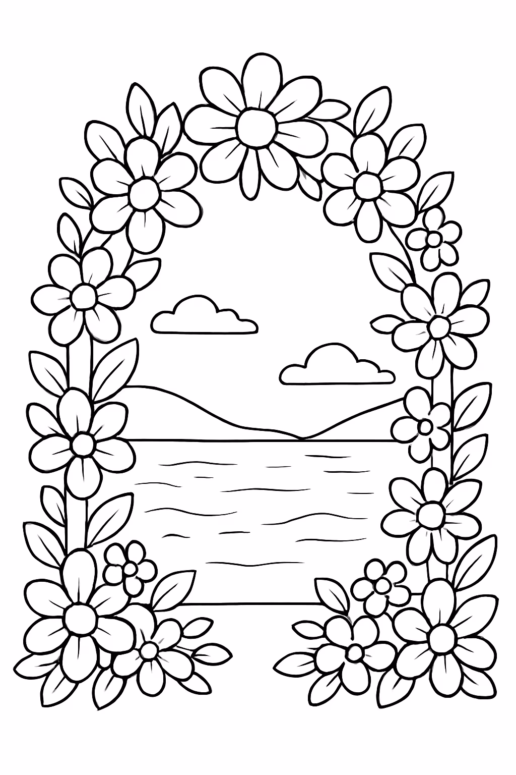 Arco de flores com um fundo de lago para colorir — desenho para imprimir