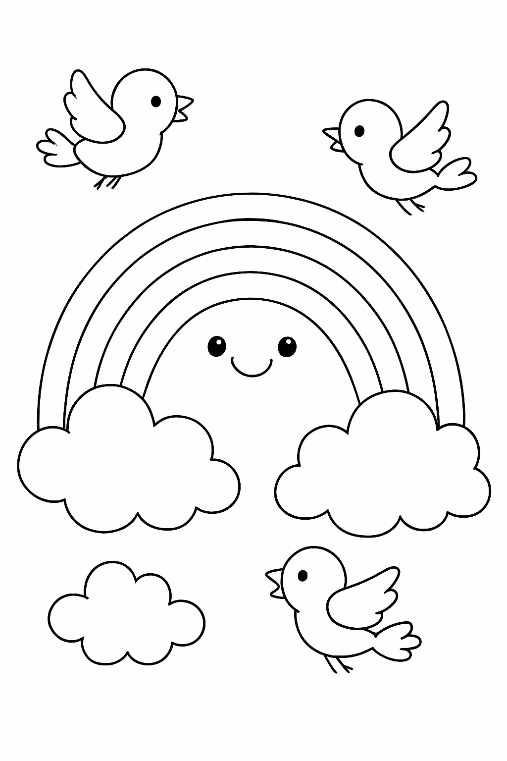 Arco iris lindo nuvens passaros fofo para colorir — desenho para imprimir
