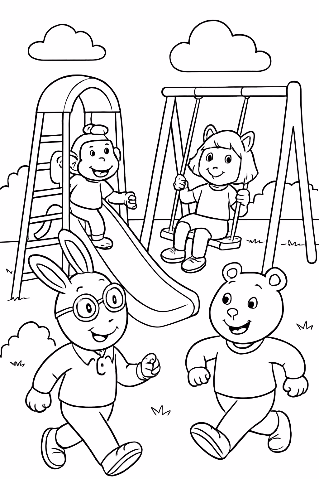 Arthur e os amiguinhos do condominio brincando no parquinho para colorir — desenho para imprimir