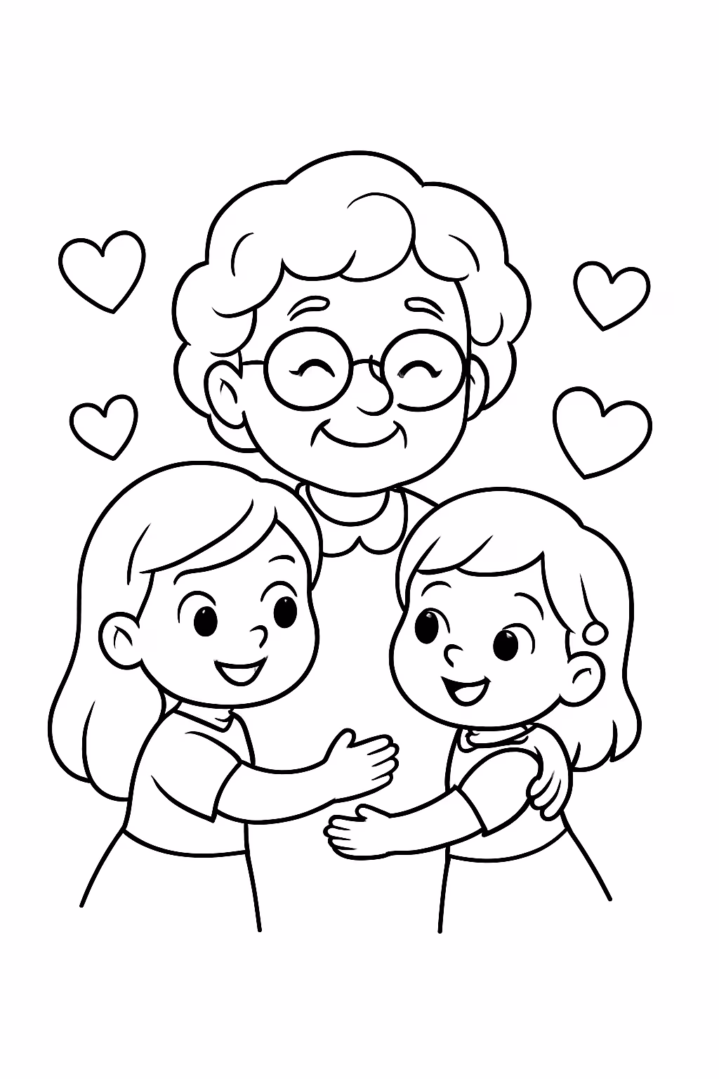 Avo com duas netas uma maior e outra menor meninas para colorir — desenho para imprimir