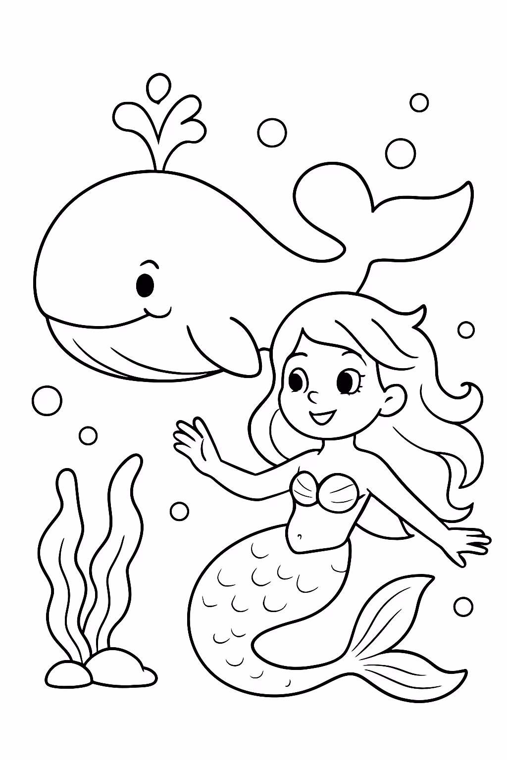 Baleia e sereia nadando para colorir — desenho para imprimir