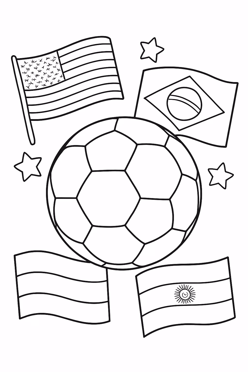 Bandeiras de paises com uma bola de futebol no centro para colorir — desenho para imprimir