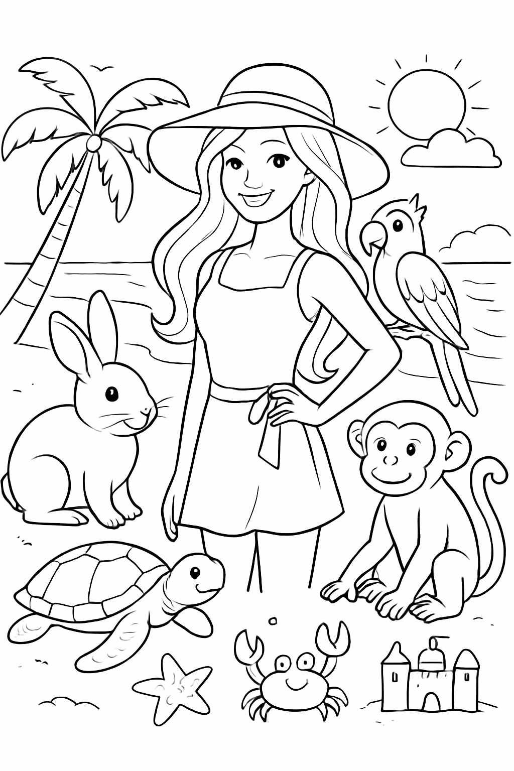 Barbi na praia com muitos animais para colorir — desenho para imprimir