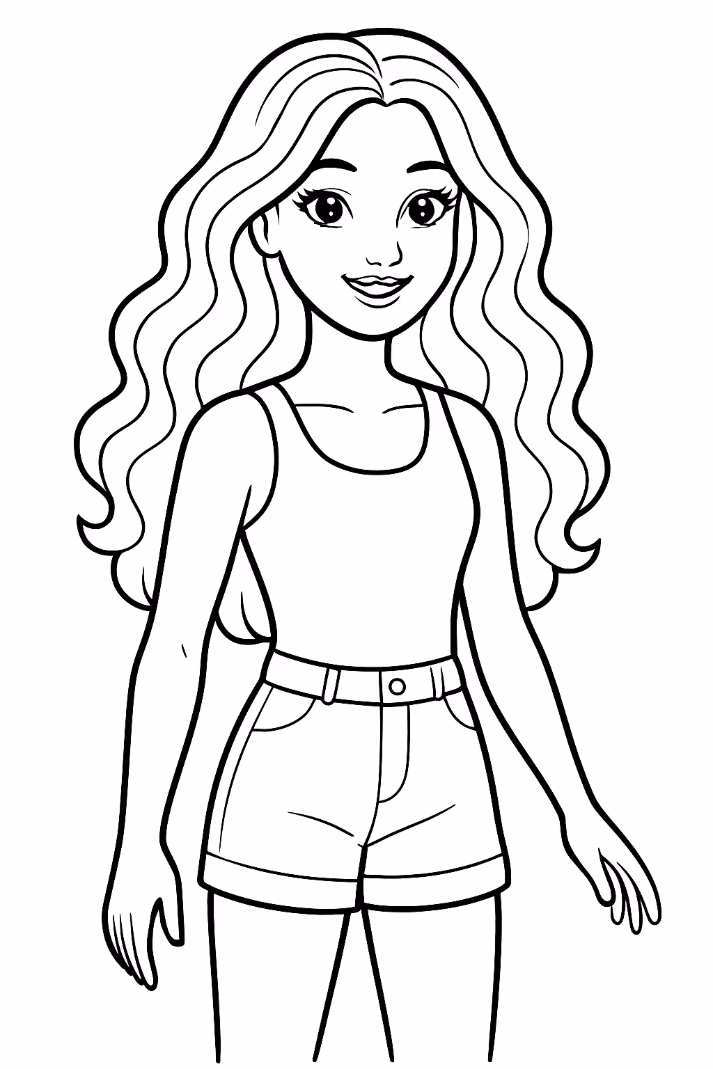 Barbie com cabelos ondulado com corpo todo e de short para colorir — desenho para imprimir