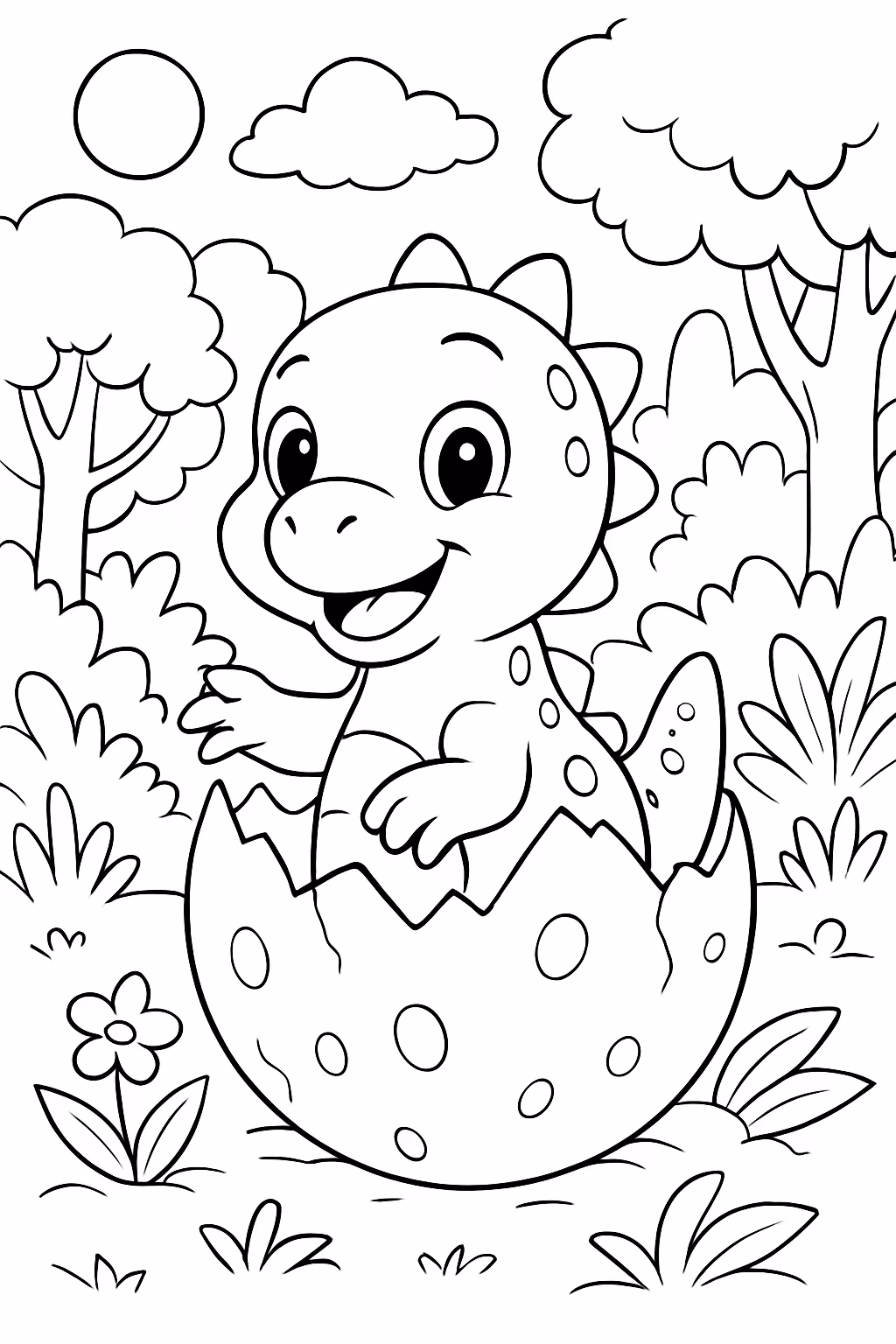 Bebe dinossauro saindo do ovo no meio da floresta para colorir — desenho para imprimir