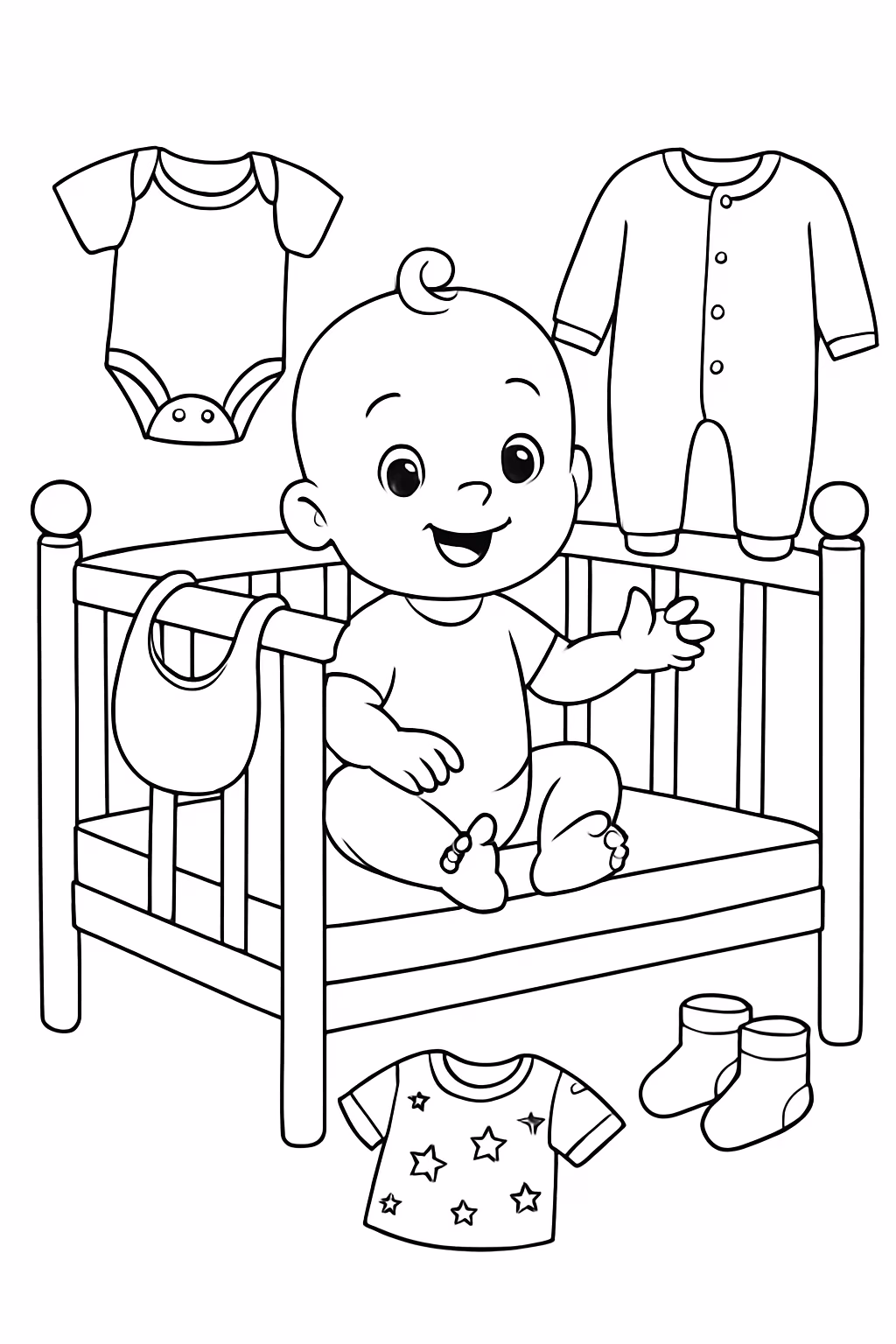 Bebe e as roupas e berco para colorir — desenho para imprimir