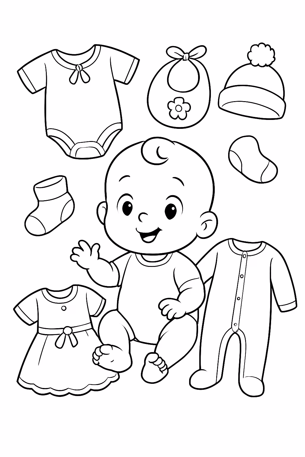 Bebe e as roupinhas de bebe para colorir — desenho para imprimir