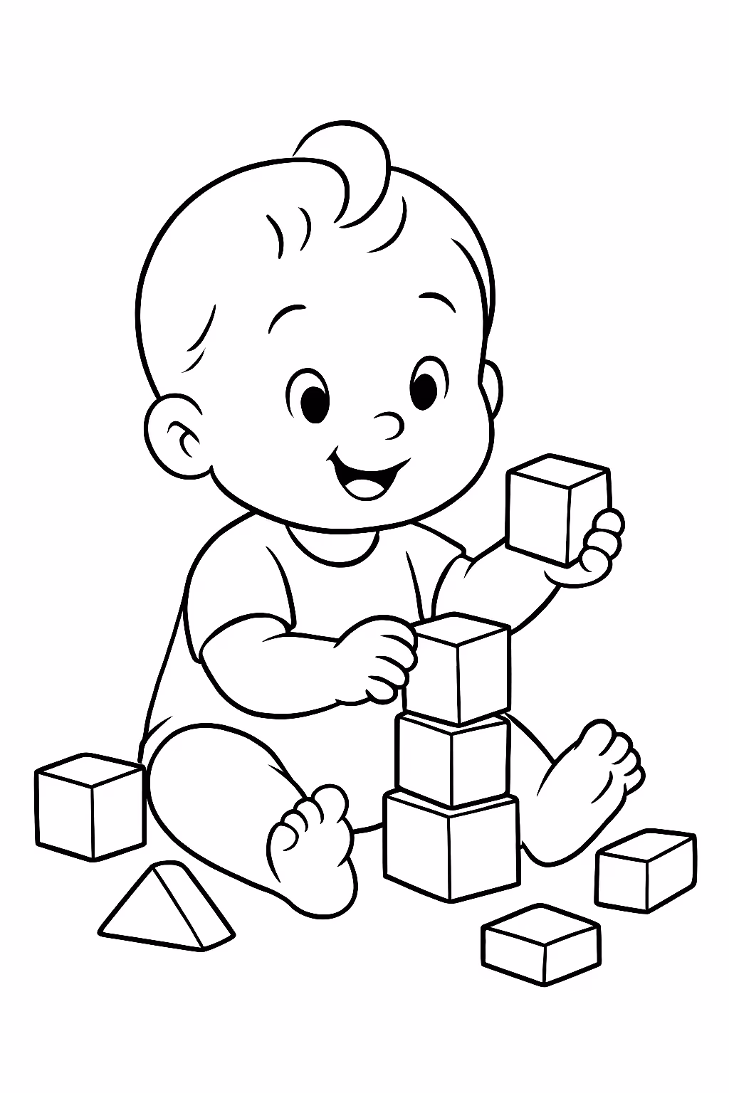 Bebe fofo brincando sentado no chao com blocos de montar para colorir — desenho para imprimir