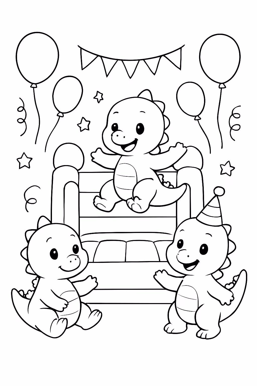 Bebes dinossauro em uma festa com pula pula para colorir — desenho para imprimir
