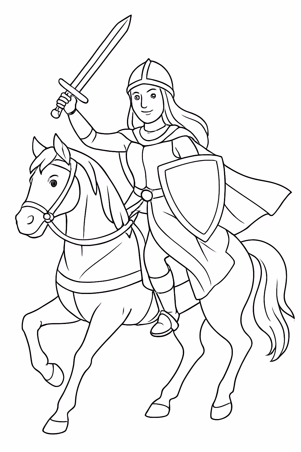 Bela guerreira montada num cavalo indo a luta estilo realista para colorir — desenho para imprimir