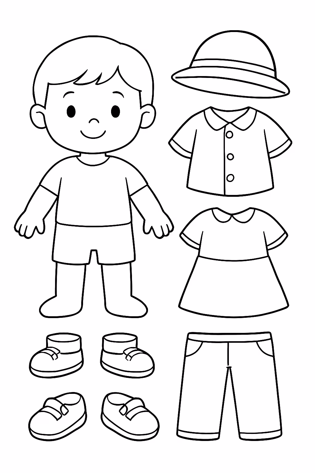 Boneco com sapatos bonecos e roupas pra montar para colorir — desenho para imprimir