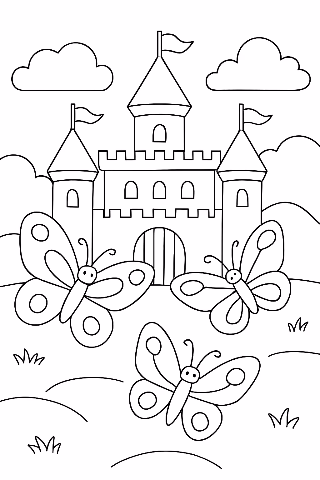Borboletas e castelo para colorir — desenho para imprimir
