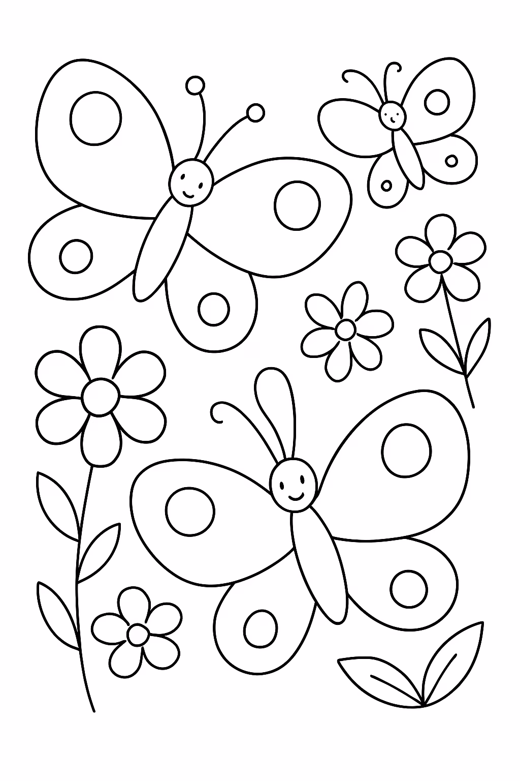 Borboletas e flores minimalistas para colorir — desenho para imprimir