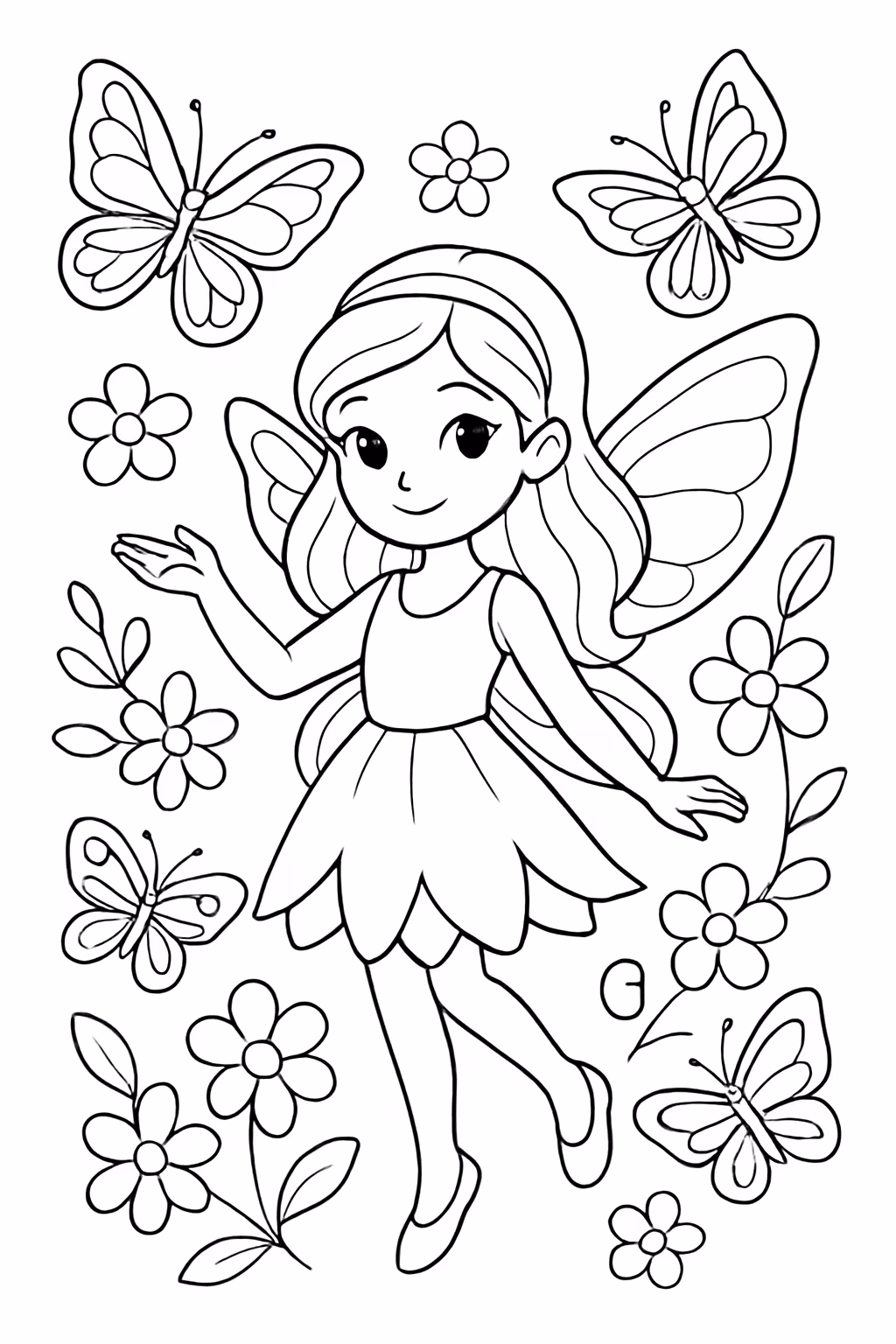 Borboletas flores e fadas para colorir — desenho para imprimir