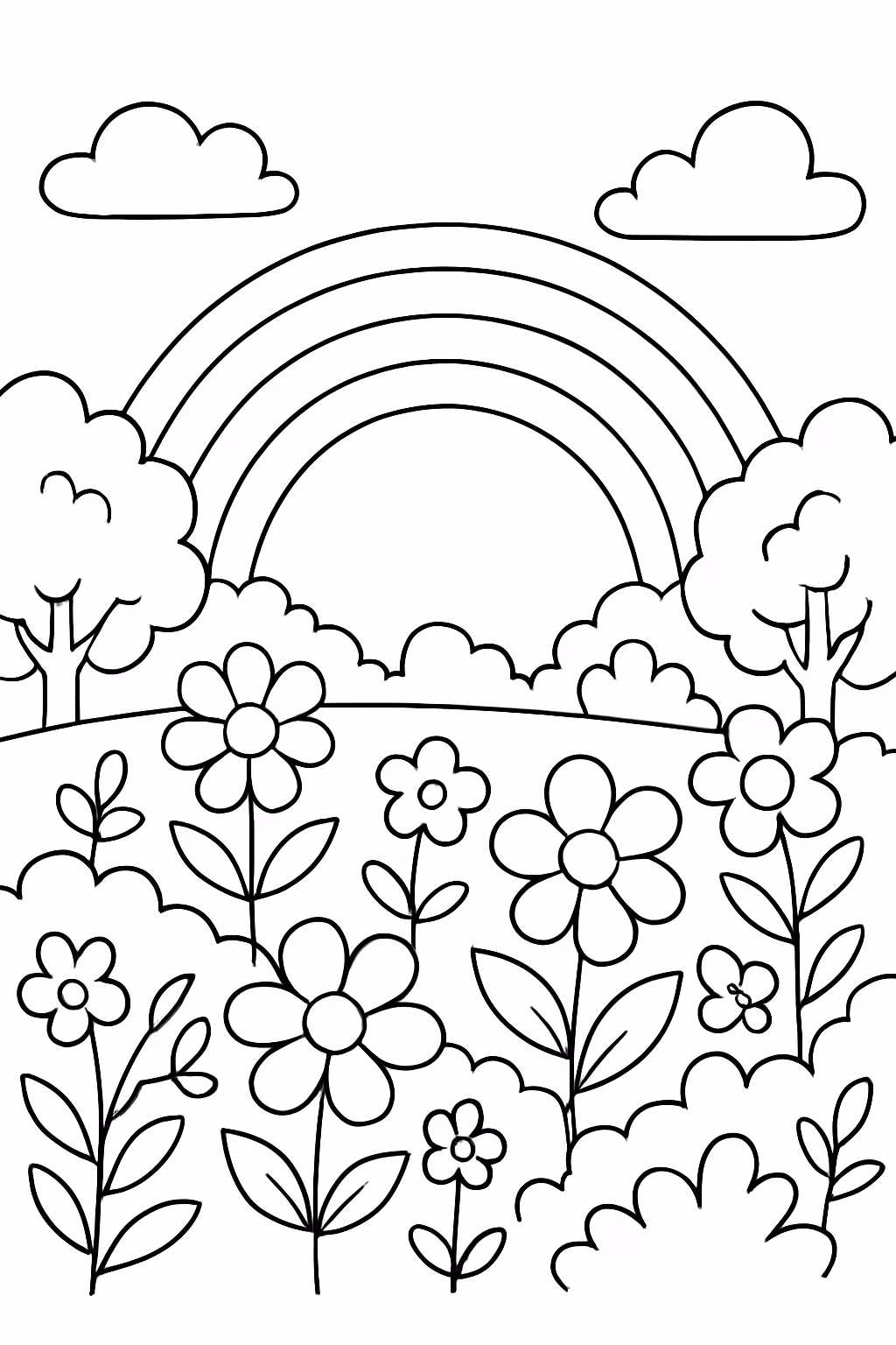 Bosque de flores com arco iris para colorir — desenho para imprimir