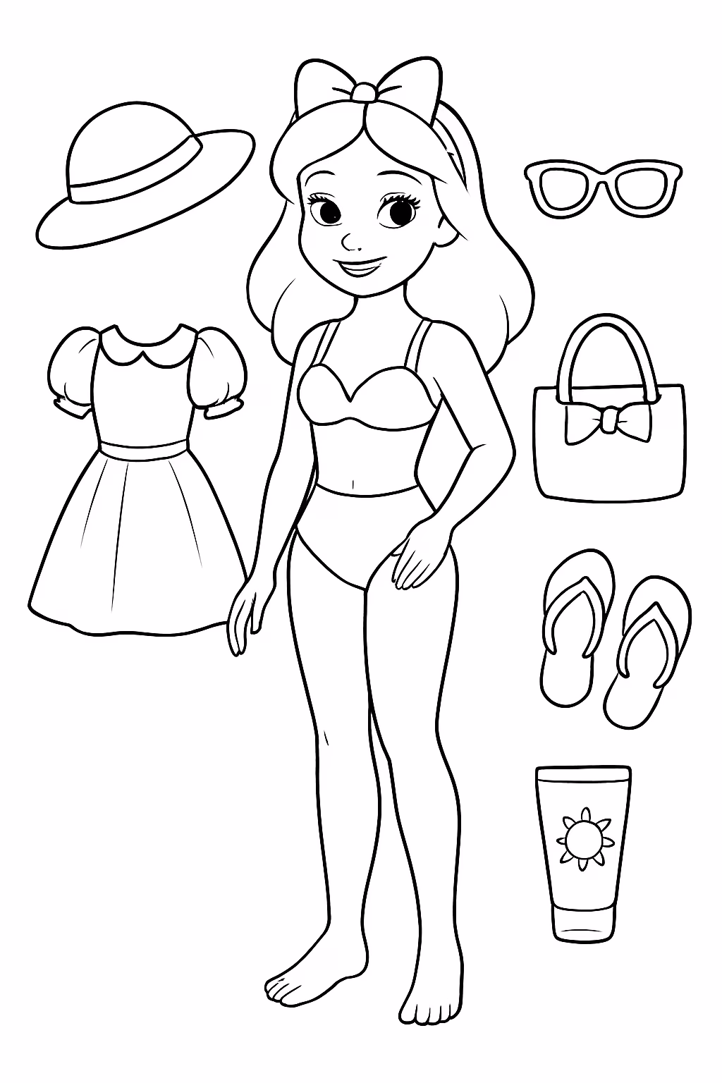 Branca de neve de biquini com roupinhas e acessorios para colorir — desenho para imprimir