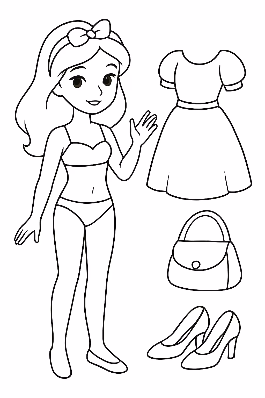 Branca de neve de biquini com vestidos bolsas e sapatos para colorir — desenho para imprimir