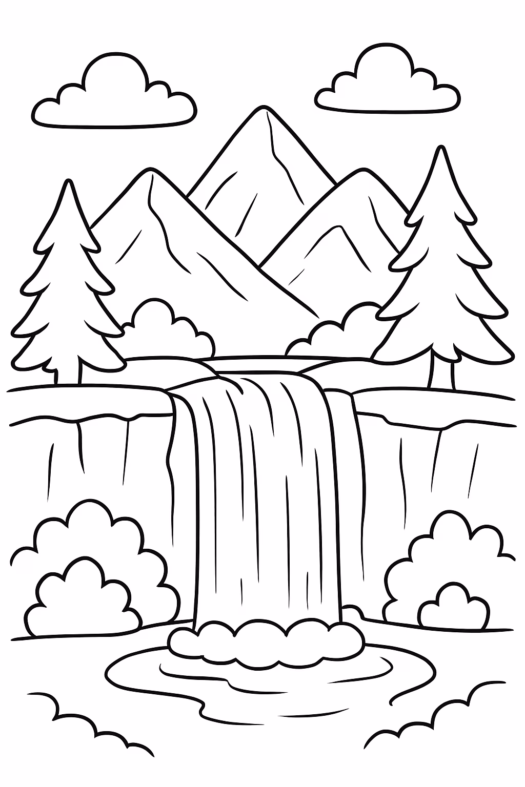 Cacheira e montanhas para colorir — desenho para imprimir