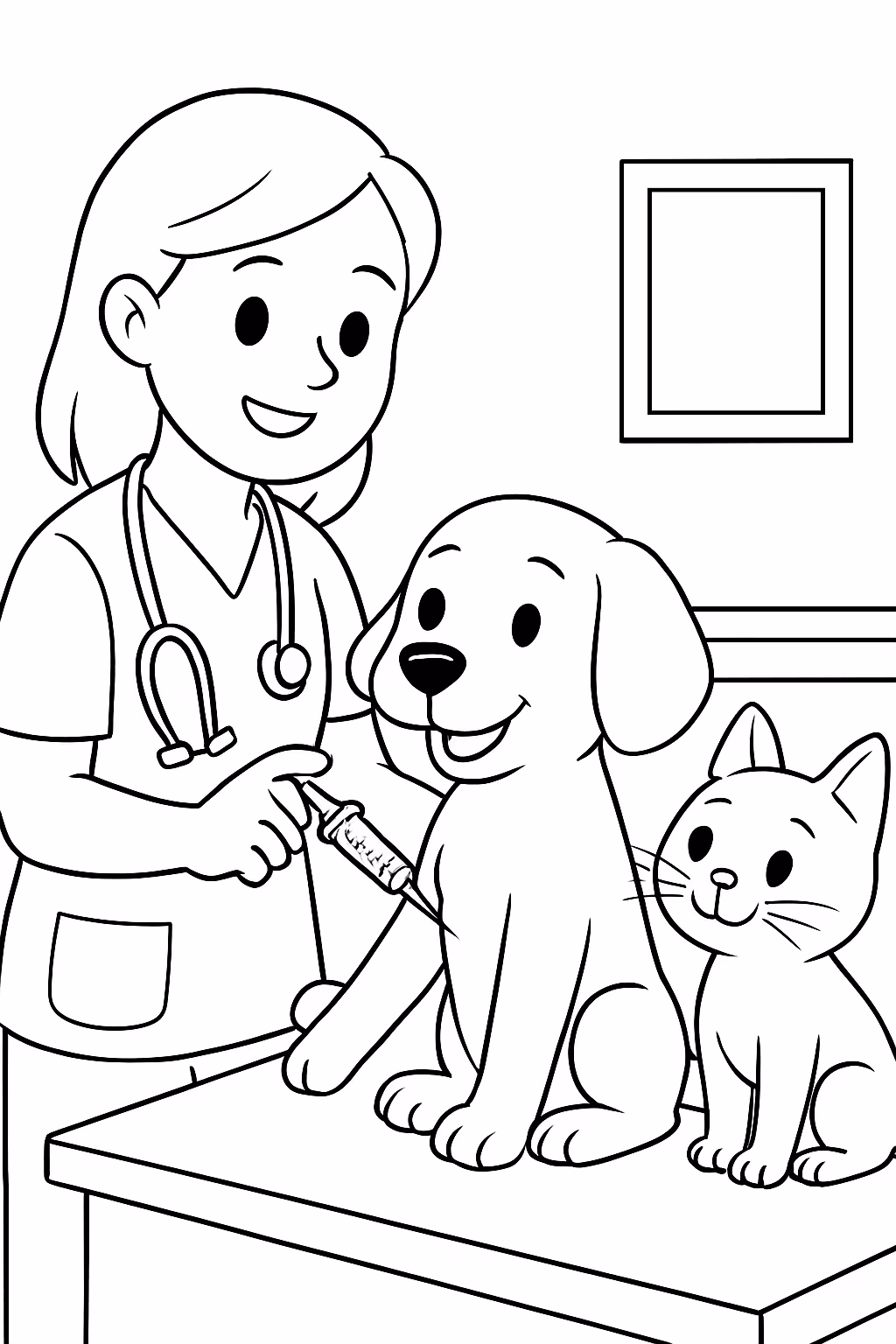 Cachorro e gato tomando vacina contra raiva na veterinaria para colorir — desenho para imprimir