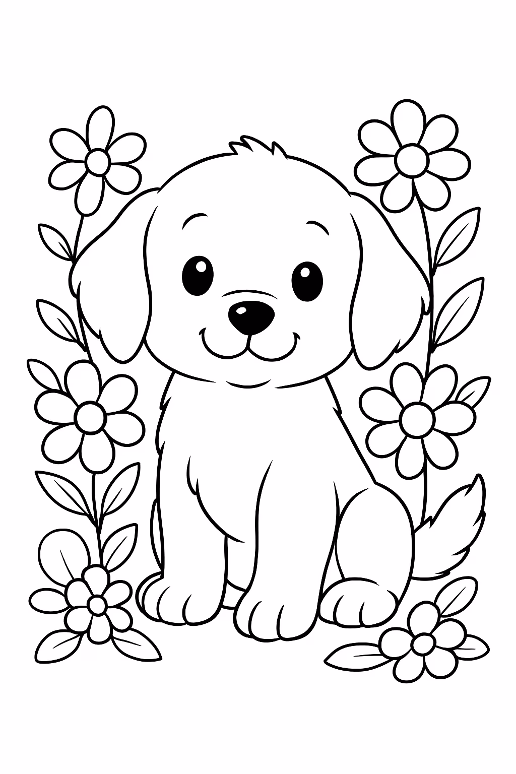 Cachorro fofinho com flores para colorir — desenho para imprimir