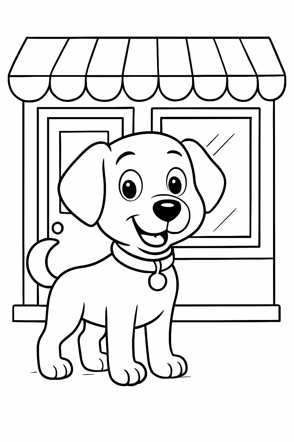 Cachorro na frente de loja para colorir — desenho para imprimir