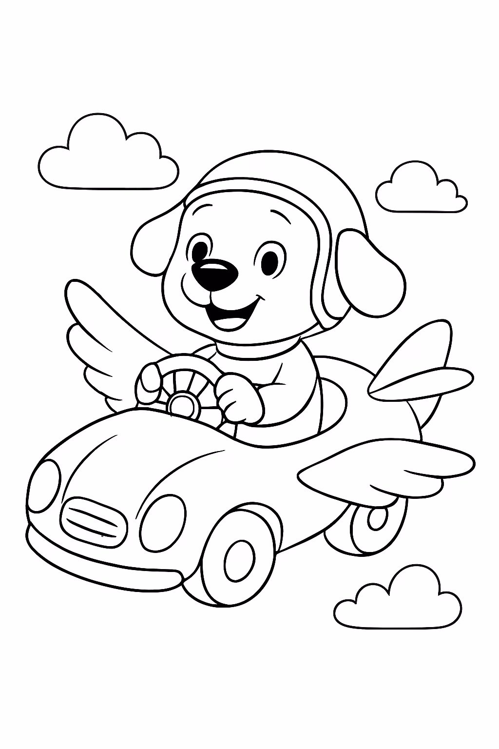 Cachorro pilotando um carro voador para colorir — desenho para imprimir
