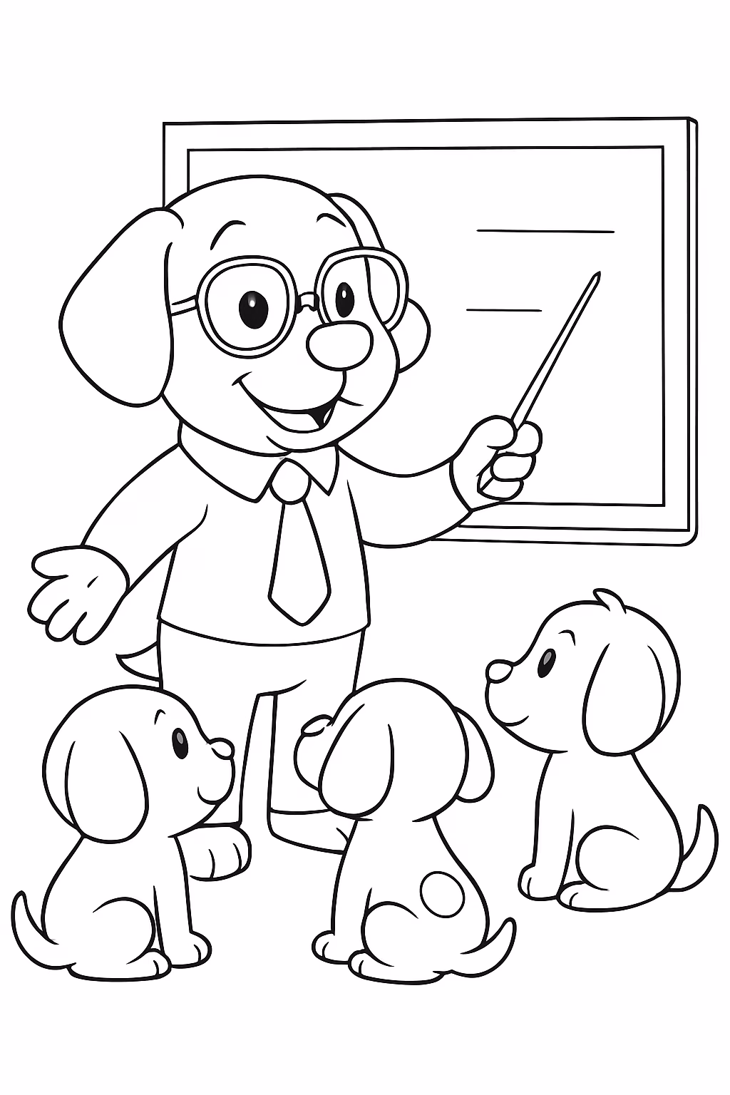 Cachorro professor com oculos de grau dando aula cachorrinhos filhotes para colorir — desenho para imprimir