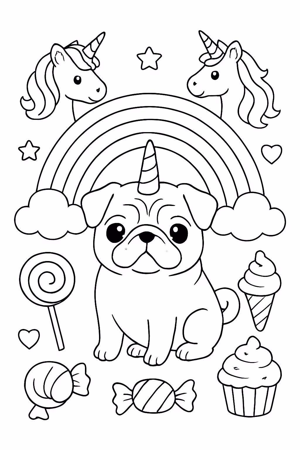 Cachorro pug em um arco iris com unicornios e doces para colorir — desenho para imprimir