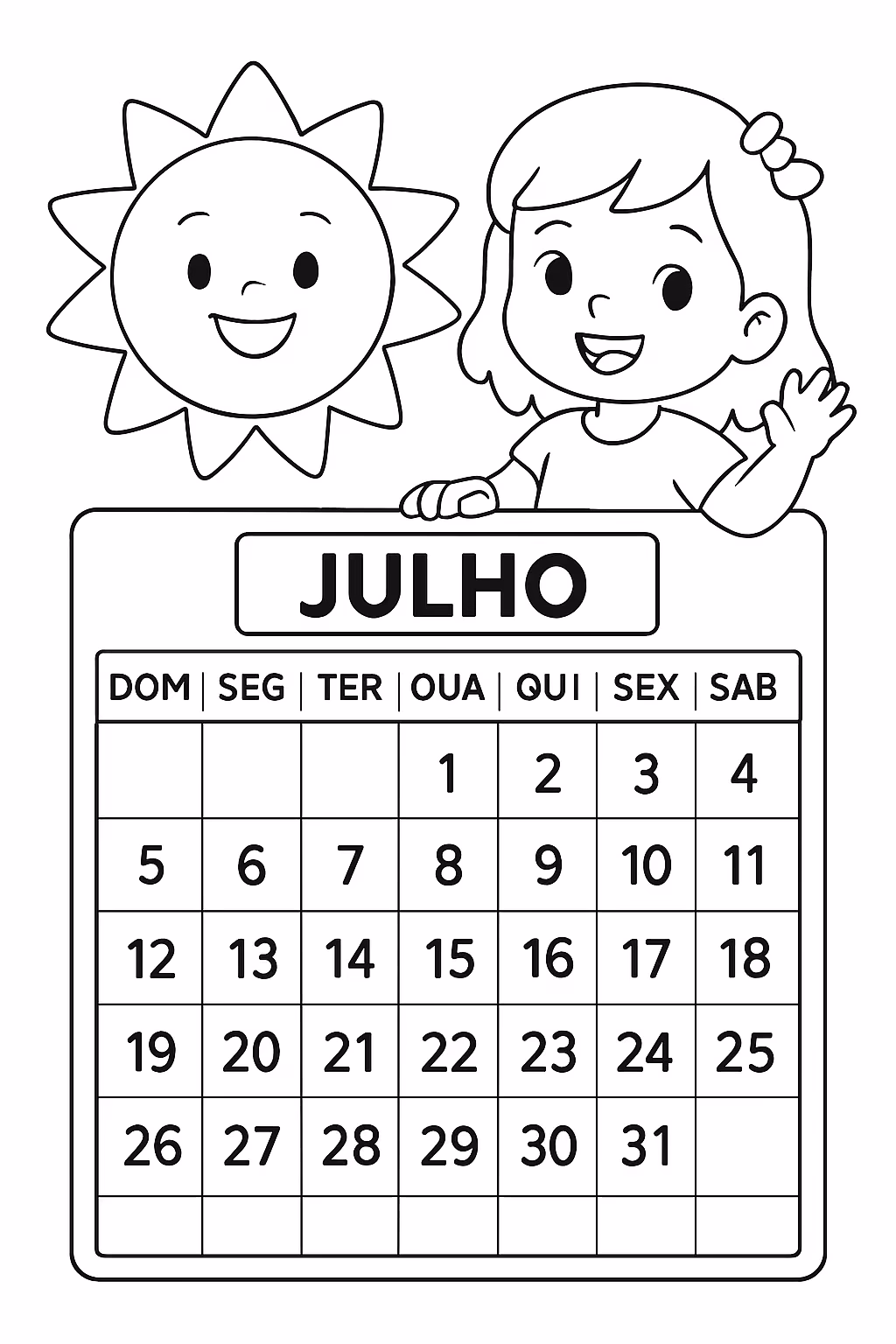 Calendario do mes de julho de apenas con os dias para colorir — desenho para imprimir