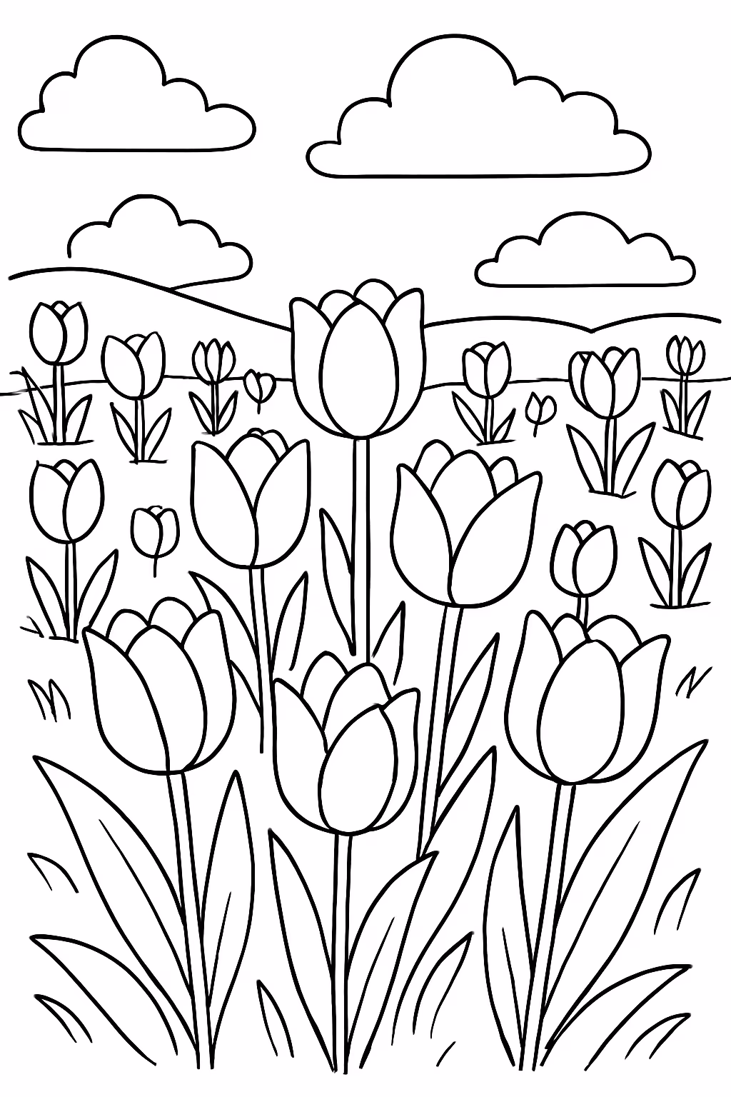 Campo de tulipas para colorir — desenho para imprimir