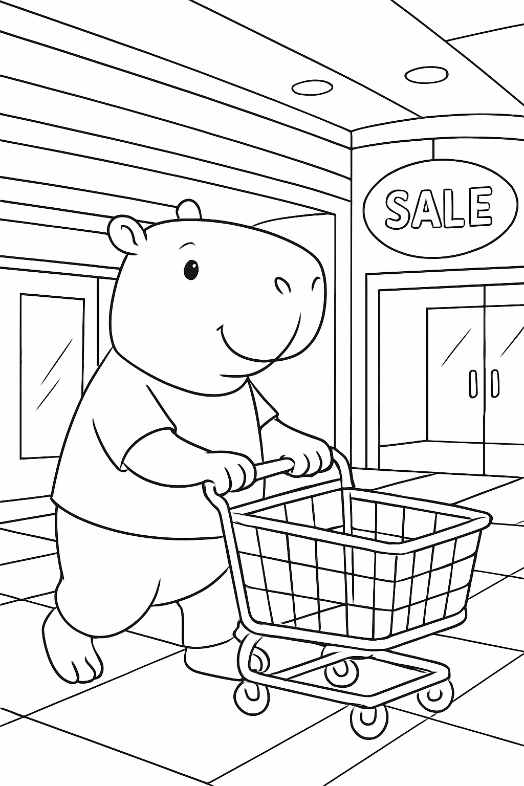 Capivara no shopping para colorir — desenho para imprimir