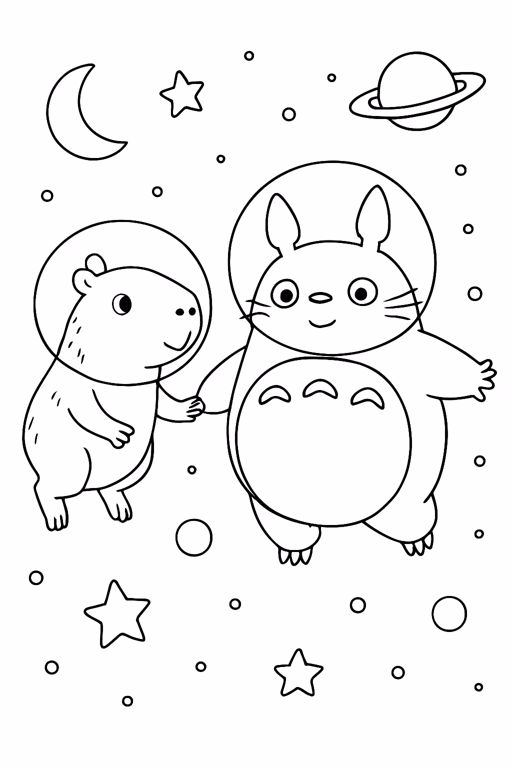 Capivara voando no espaco com o totoro para colorir — desenho para imprimir