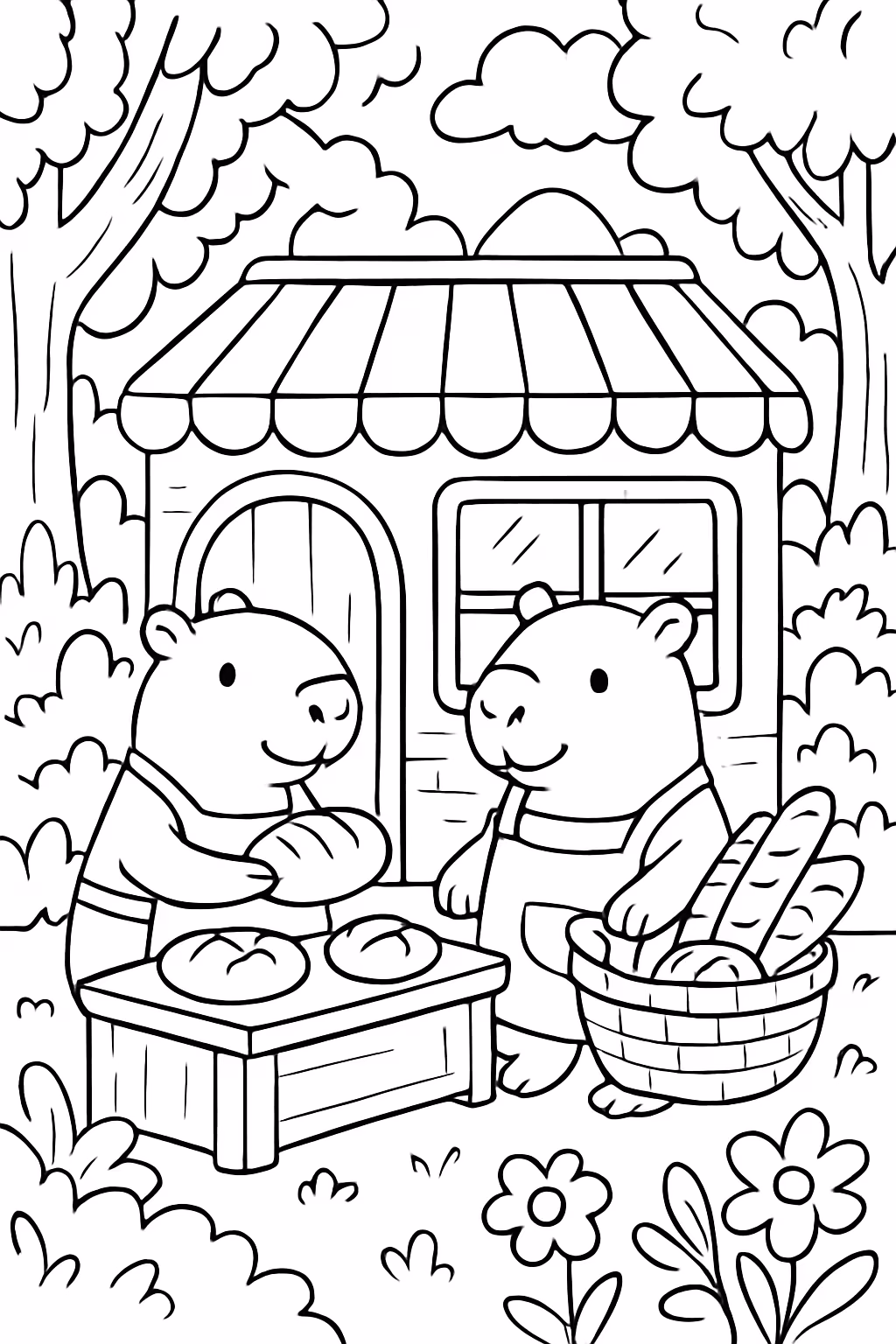 Capivaras administrando uma padaria em uma floresta encantada estilo cozy para colorir — desenho para imprimir