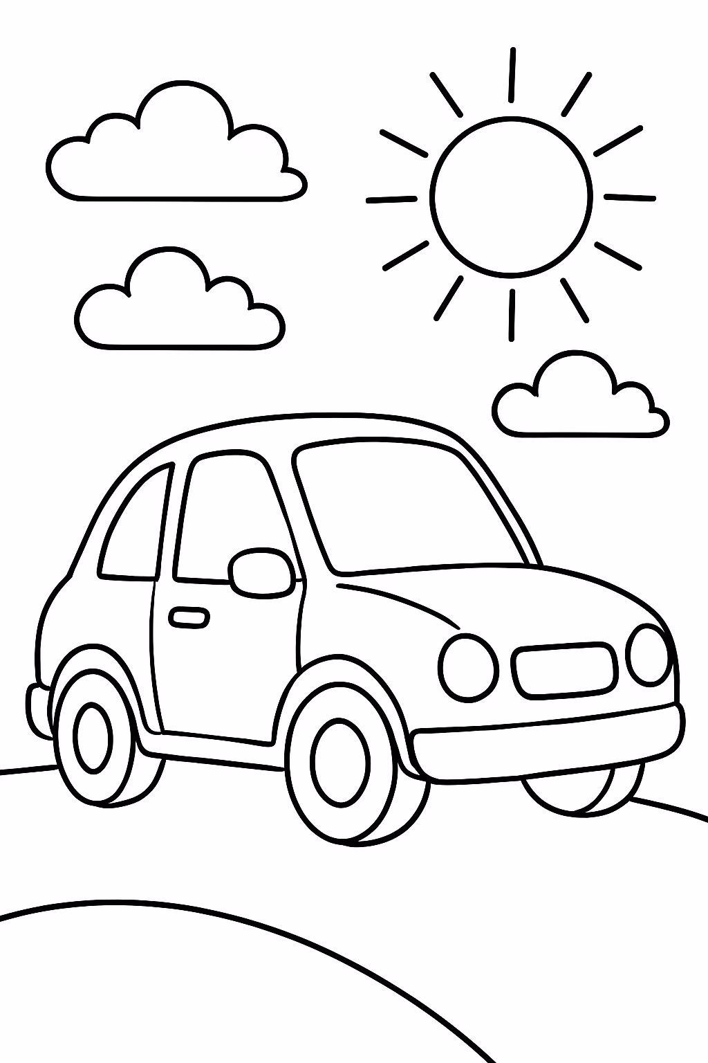 Carro minimalista com sol e nuvens para colorir — desenho para imprimir