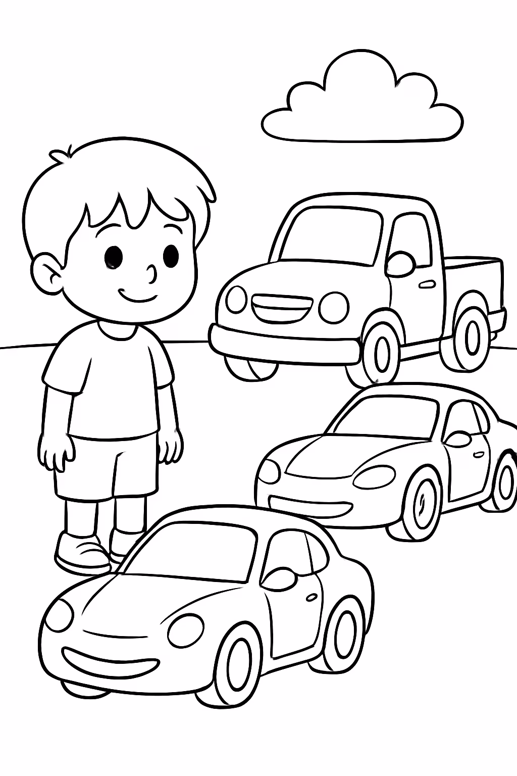 Carros e uma crianca perto para colorir — desenho para imprimir