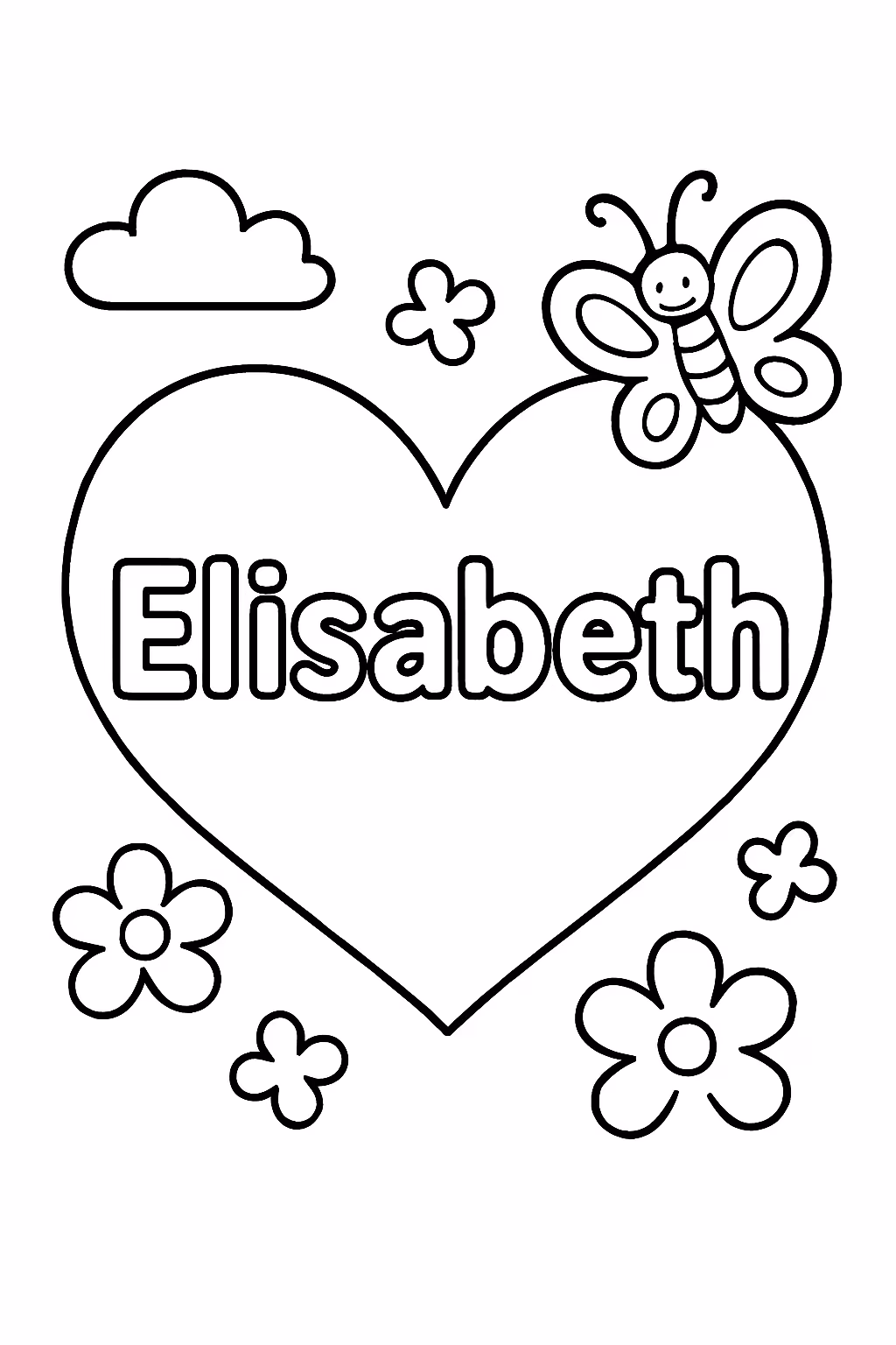 Cartrtao com o nome elisabeth dentro de um coracao para colorir — desenho para imprimir