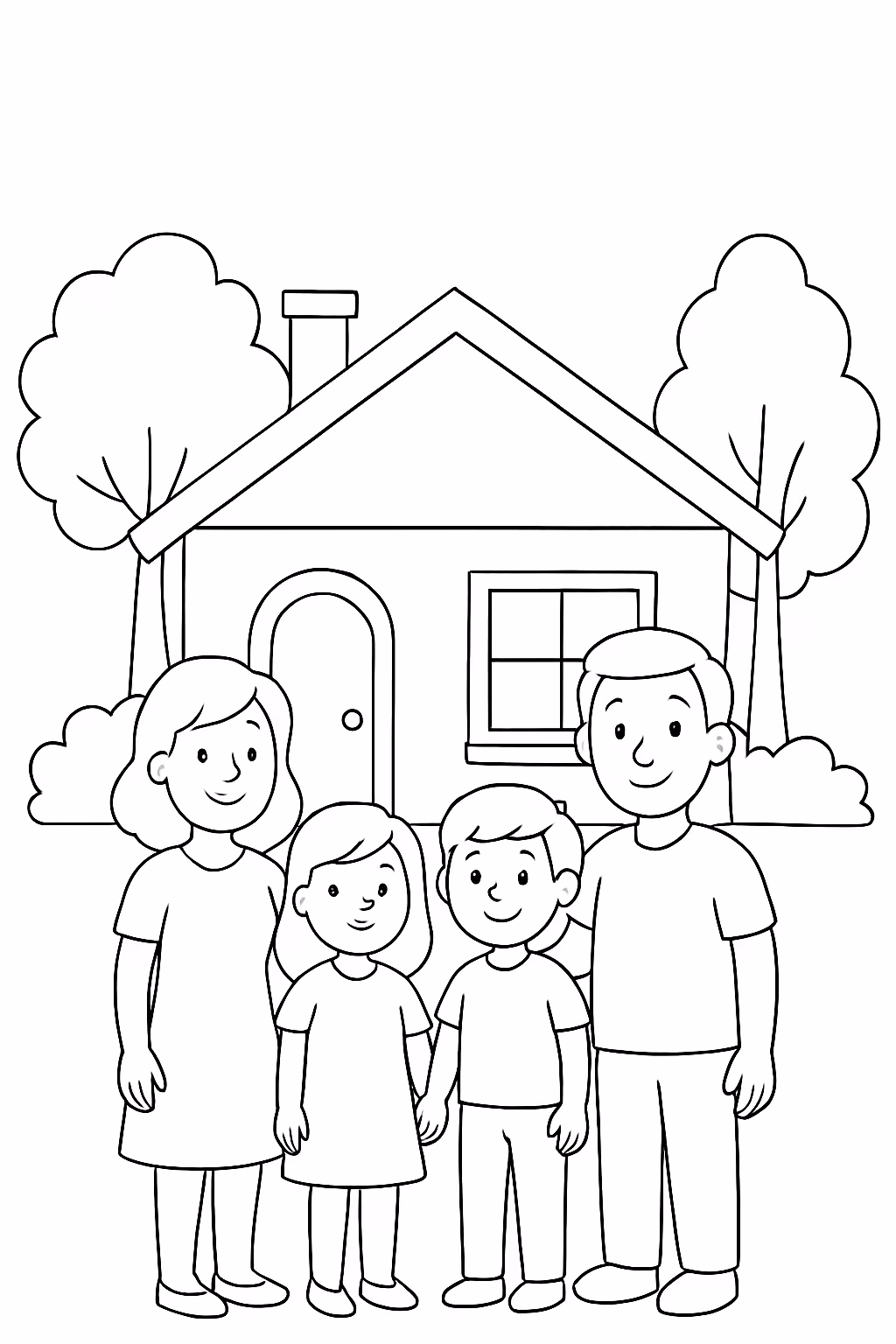 Casa com a familia e arvores para colorir — desenho para imprimir