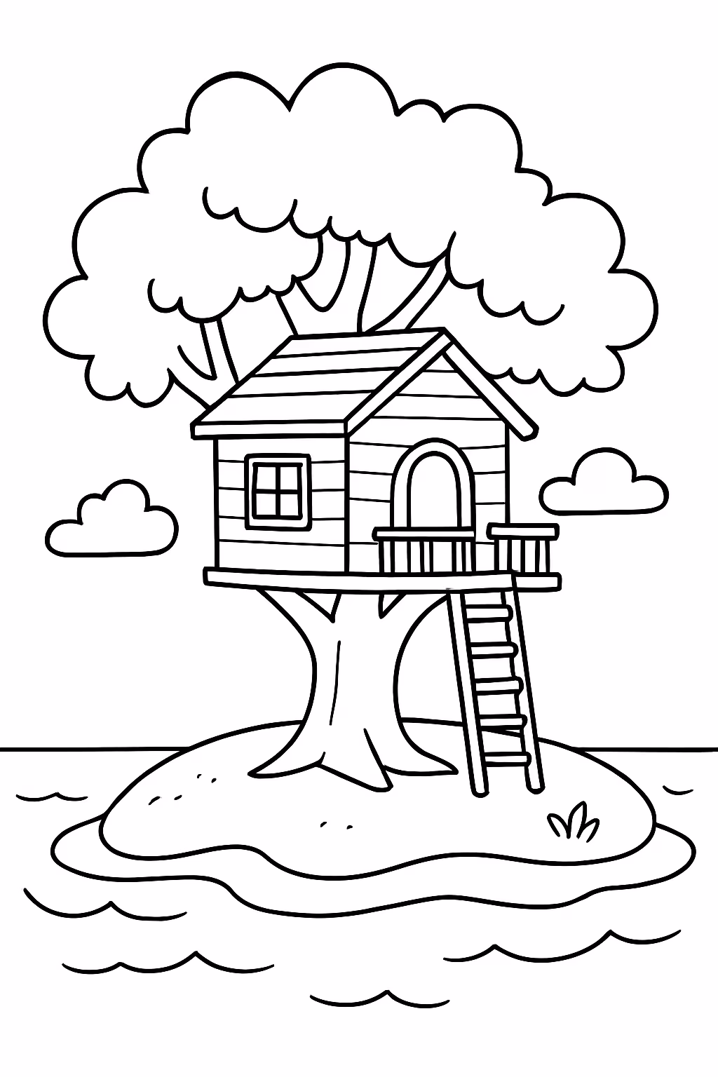 Casa na arvore em uma ilha para colorir — desenho para imprimir