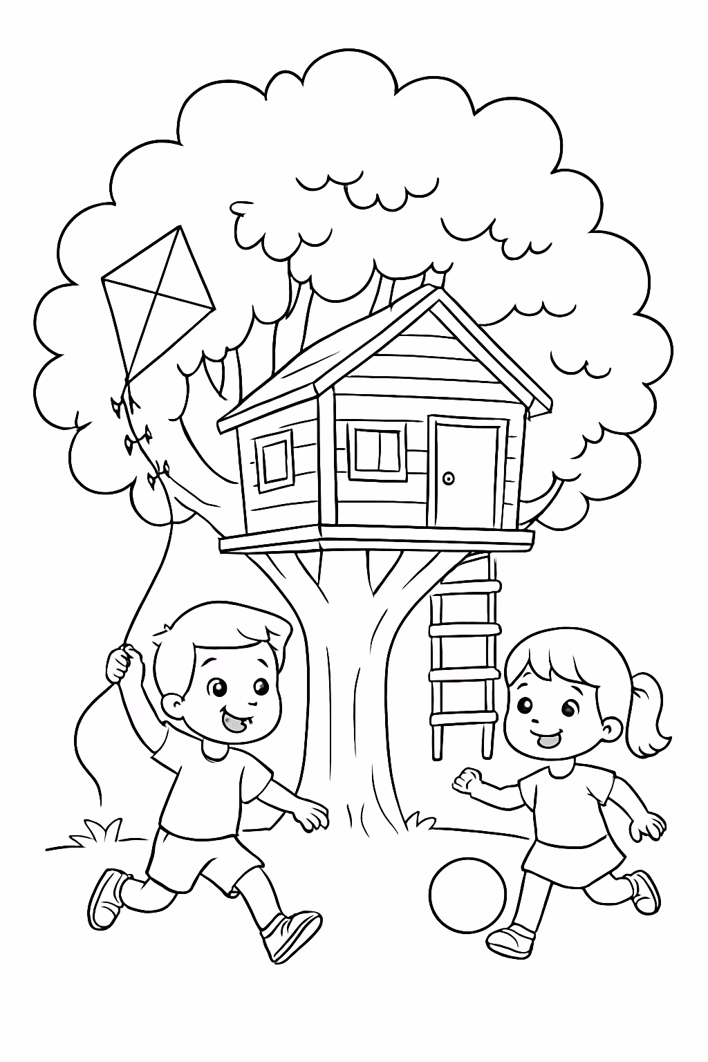 Casa na arvore menino soltando pipa menina jogando bola para colorir — desenho para imprimir