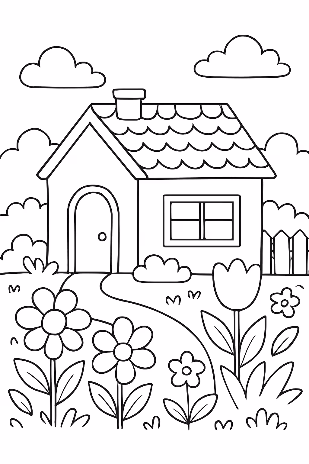 Casa no quintal com flores para colorir — desenho para imprimir