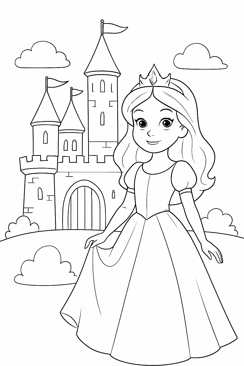 Castelo com uma princesa imagem realista e faxiel de pintar para colorir — desenho para imprimir