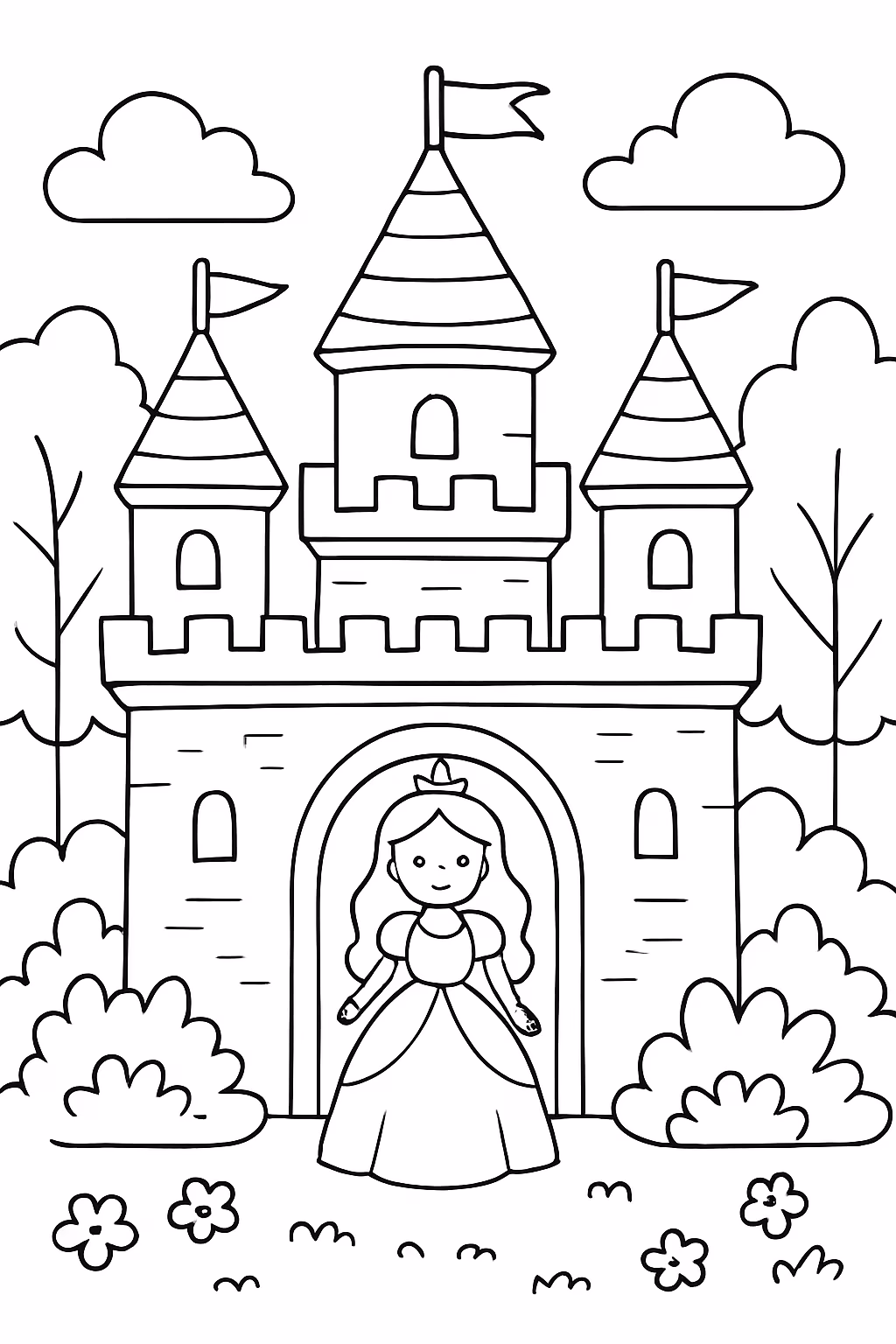 Castelo da princesa na floresta com princesa na porta para colorir — desenho para imprimir
